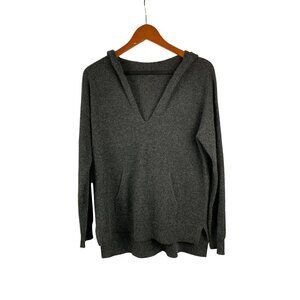 Gray Hooded Long-Sleeve V-Neck Sweater Top For Women